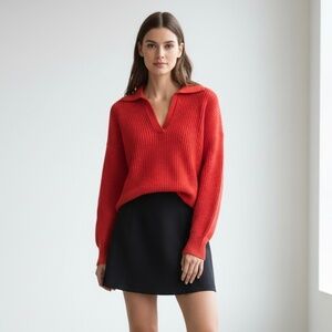 J. Crew Coral Cotton V Neckline Collared Knit Sweater Size Medium